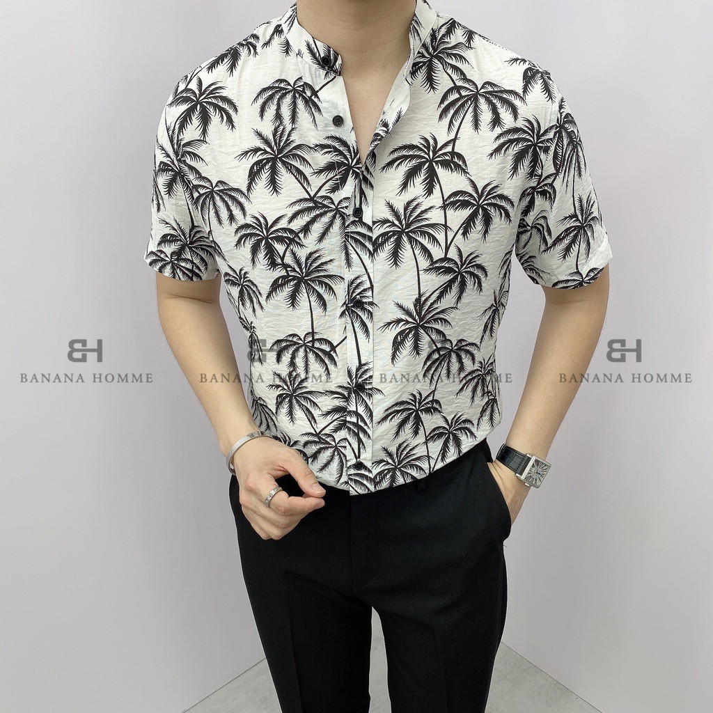 Áo Sơ Mi Nam Hoạ Tiết Palm Cổ tàu Cộc Tay BANANA HOMME Chất vải Linen thoáng mát, ít nhăn Cao Cấp, Trẻ Trung 2021 | BigBuy360 - bigbuy360.vn