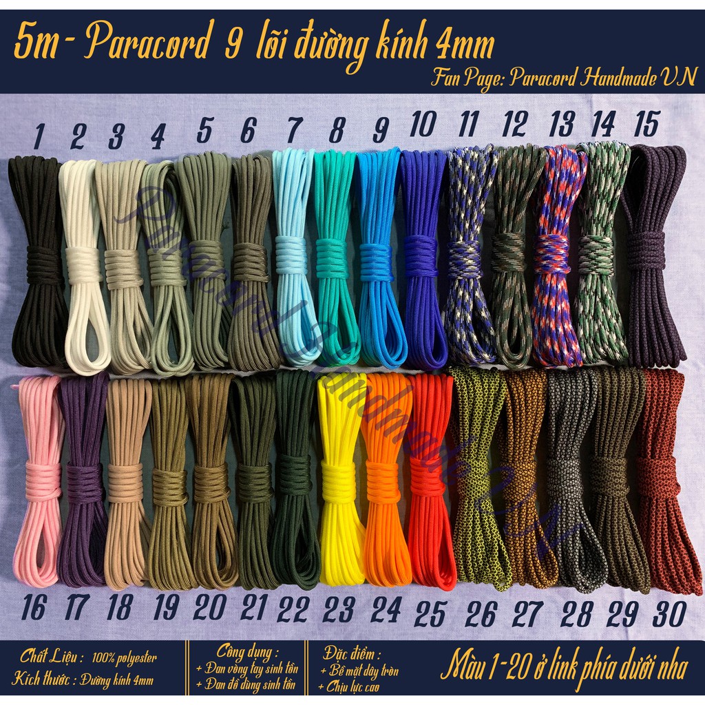 (Màu 6-30) Dây paracord 9 lõi 4mm tròn - 2,5 mét và 5 mét