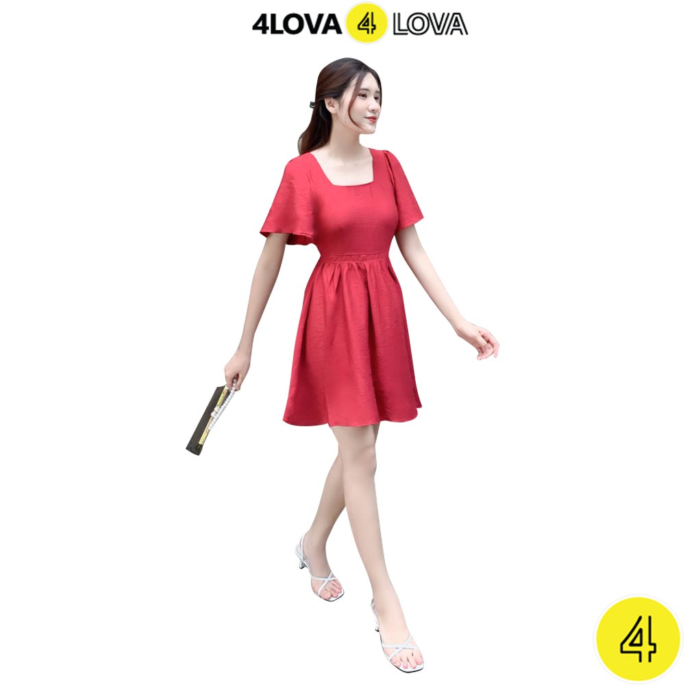 Váy xòe babydoll nữ 4LOVA thiết kế tay bồng phối cổ vuông thắt nơ sau trẻ trung