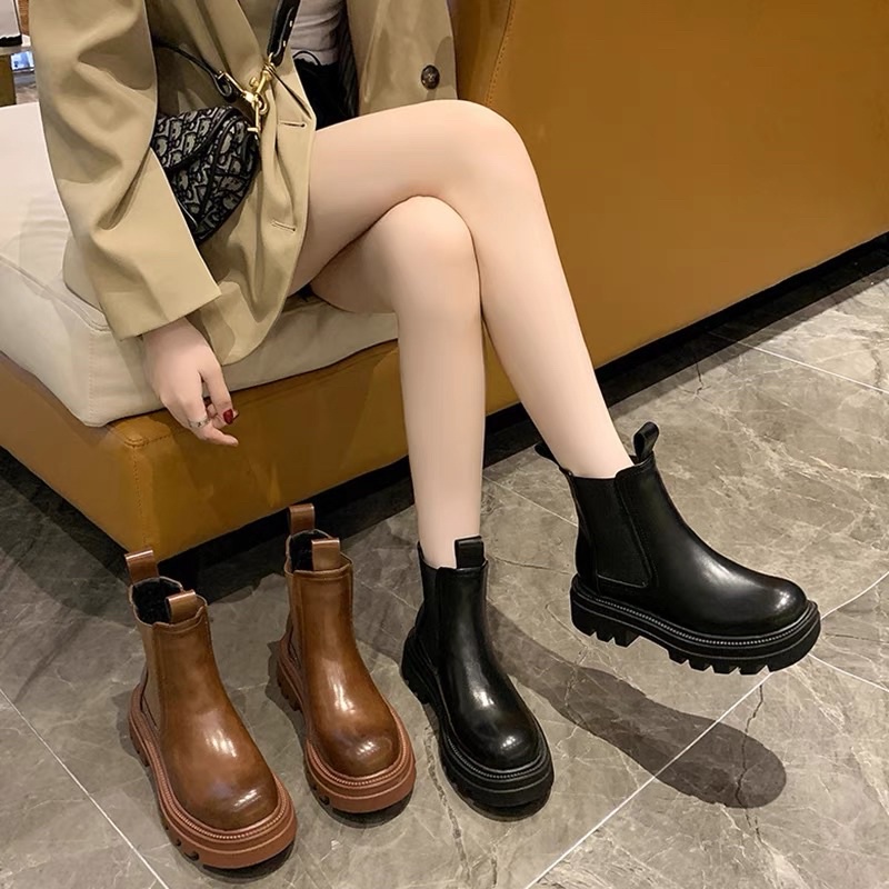 Boots nữ ulzzang cổ ngắn phối chun đế cao 5cm da trơn