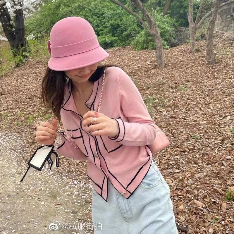Áo khoác mỏng xuân hè cardigan viền đen tiểu thư dễ thương Jennie