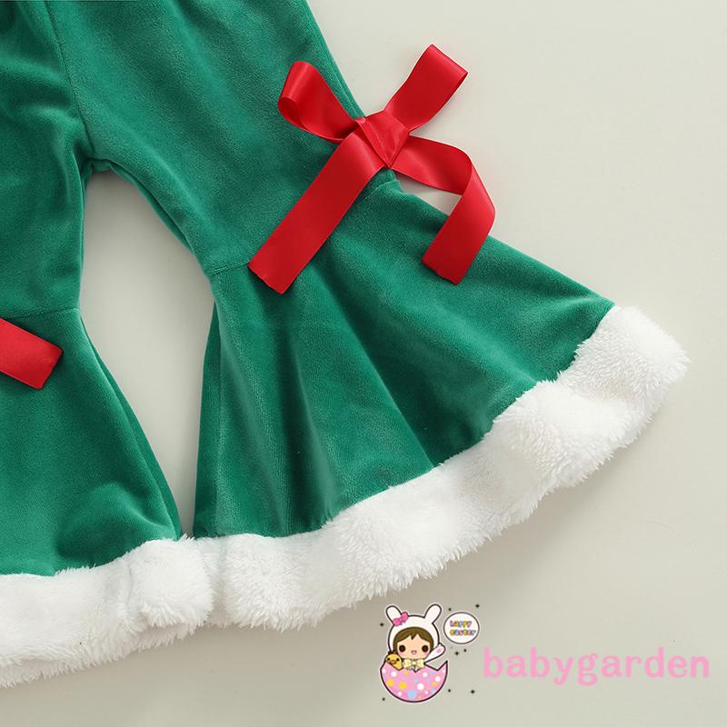 Set áo nhung tay dài + quần ống loe + mũ + thắt lưng phong cách giáng sinh cho bé gái