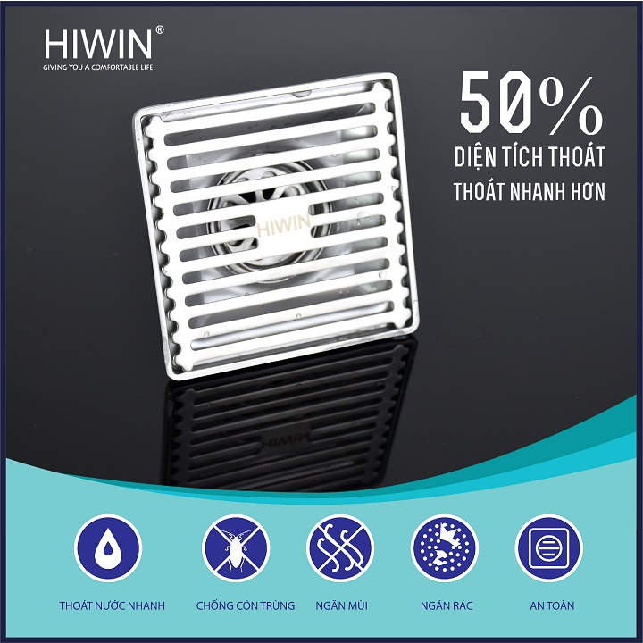 Phễu ga thoát sàn ngăn mùi hôi inox 304 mặt gương bóng kích thước 100x100mm HIWIN FD-431B