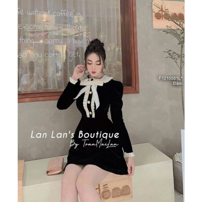 Đầm xòe nhung đen ngực phối viền bèo đính nơ tay dài!1-2 ngày về