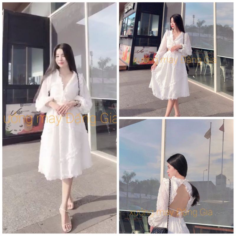 Đầm đi tiệc hở tay dài lưng lông vũ sang trọng màu trắng DG4042