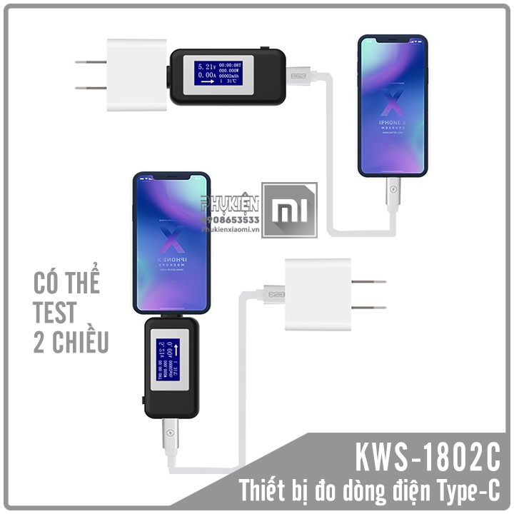 Thiết bị USB test sạc đo nguồn điện KWS-1802C , cõng Type-C đo 4V- 30V / 5.1A Quick Charge 3.0