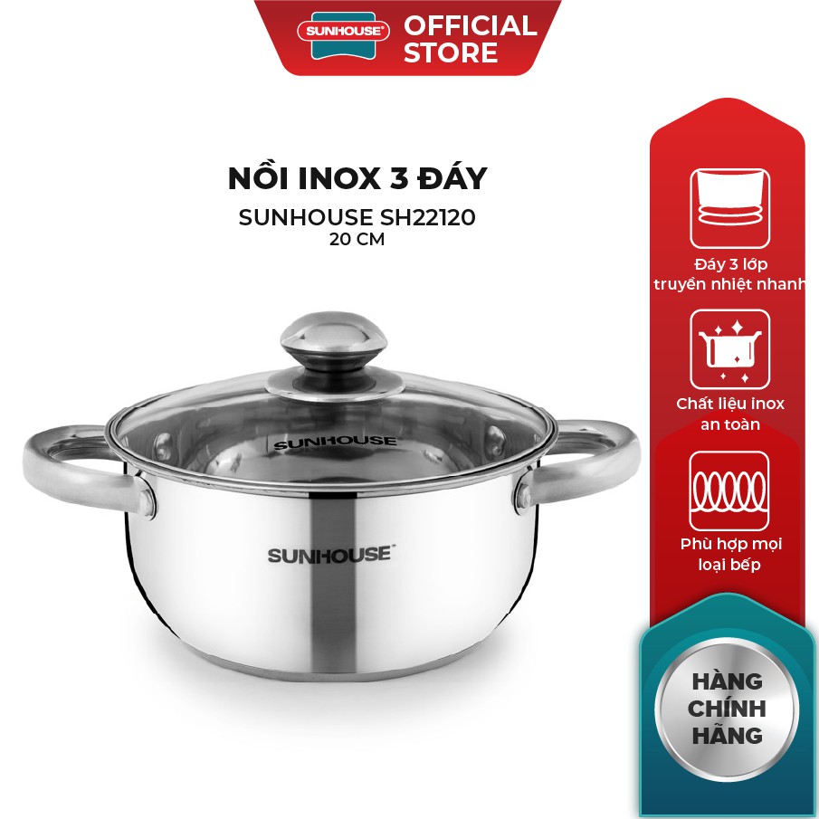 [Mã LIFEHL25 giảm 10% đơn350K] Nồi Inox 3 Đáy SUNHOUSE Đáy Từ 20cm SH22120