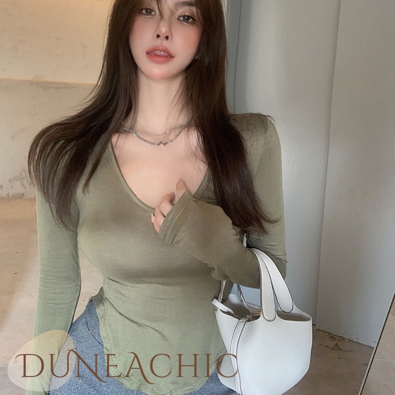 DUNEA Áo Thun Tay Dài Màu Xanh Lá Thiết Kế Bất Đối Xứng Thời Trang Cho Nữ