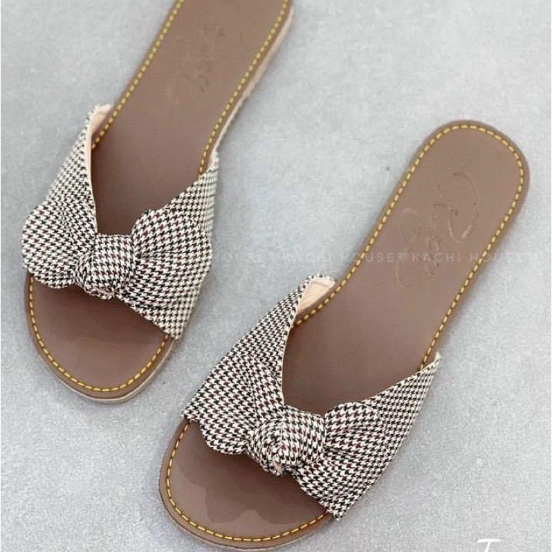 Dép Lê Nữ Kẻ Caro Nơ Thỏ Xinh Xắn