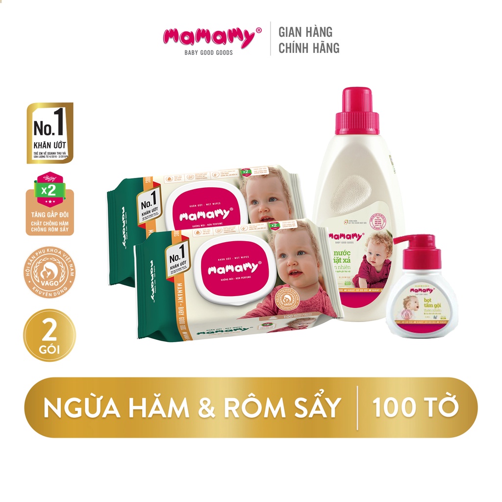 Set chăm sóc làn da 1 Mamamy - 2 Khăn ướt 100 tờ không mùi, 1 bọt tắm gội 400ml, 1 Nước giặt xả 800ml hương Bellis