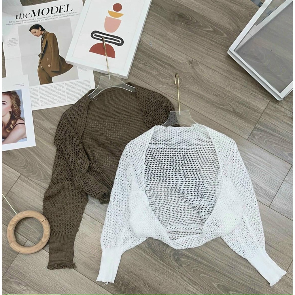 Áo khoác len lưới nữ tay dài dáng lửng