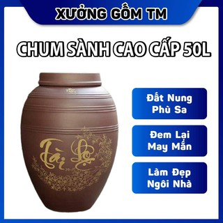Hũ sành đựng gạo, đựng nước, ngâm rươu chữ Tài Lộc 50L gốm sứ Bát Tràng mẫu nắp tròn