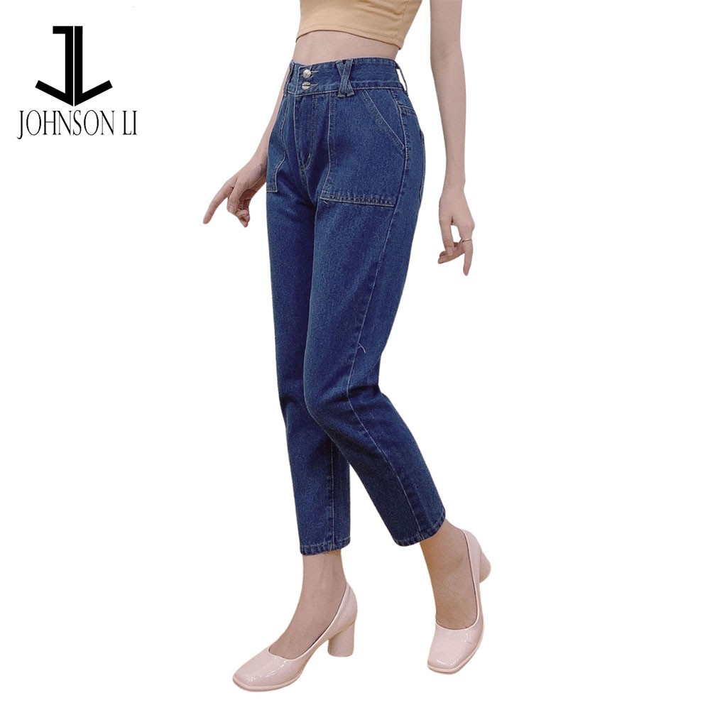 Quần baggy jean nữ lưng cao, cắt rách màu xanh jean JL41 JL JohnsonLi