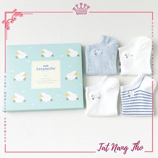 Set vớ tất nữ cổ ngắn 4 đôi tất CARAMELLA họa tiết cừu đáng yêu