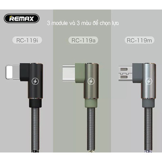 Cáp sạc nhanh Remax RC-119-(3 đầu:-Micro-Type C)-Cổ quấn lò xo chống gãy,chân chữ L