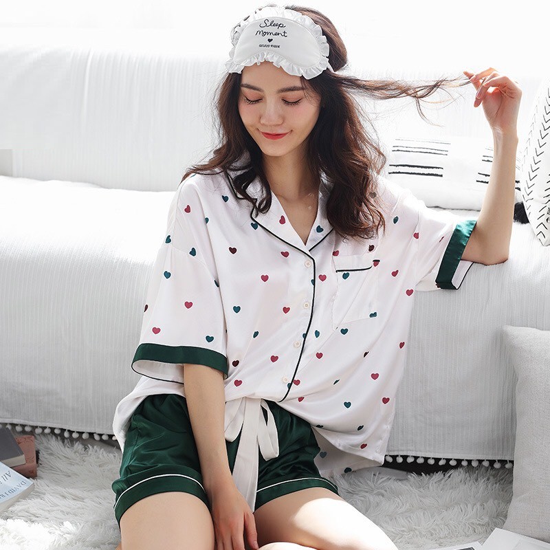 Bộ pyjama lụa nữ mặc nhà họa tiết trái tim