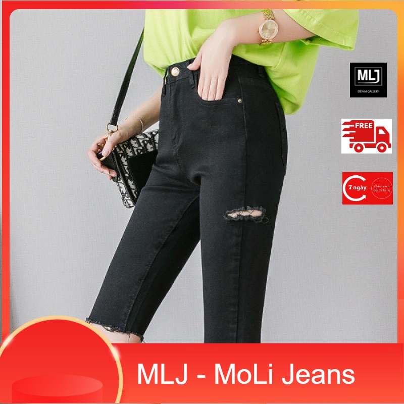 Quần jean lửng BIGSIZE nhiều mẫu màu đen muối tiêu, lưng cao, co dãn mạnh dành cho người béo 60kg~90kg Molijean