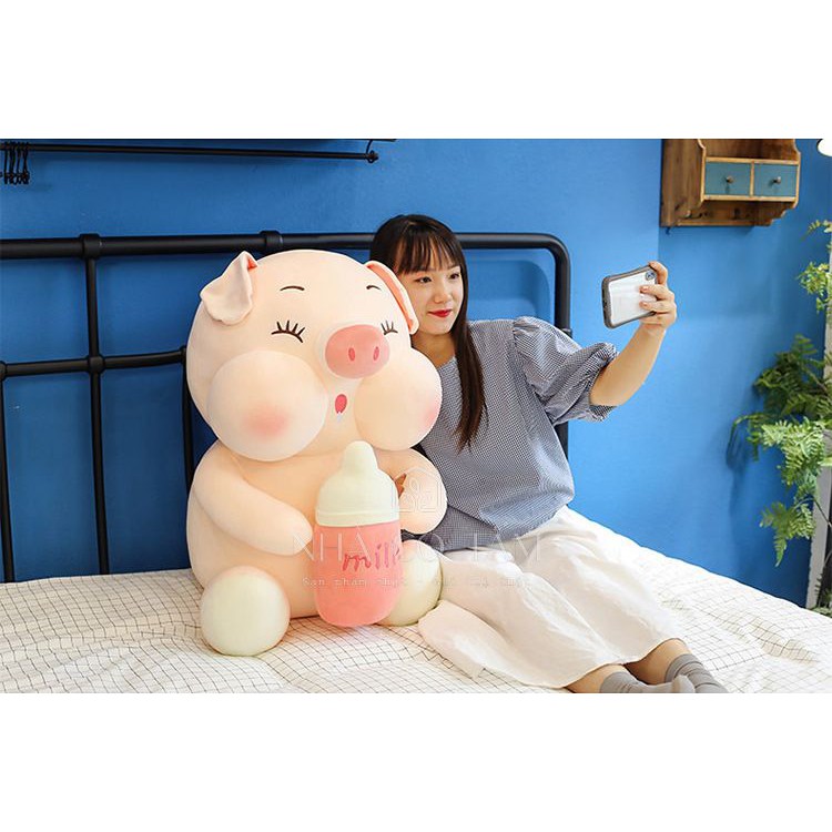 Thú Nhồi Bông Heo Cầm Bình Sữa Má Tròn Béo Bự Độc Lạ Siêu Dễ Thương