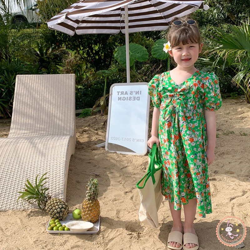 Đầm Công Chúa Tay Ngắn Phồng Cổ Chữ V In Họa Tiết Hoa Phong Cách Hàn Quốc Dành Cho Bé Gái