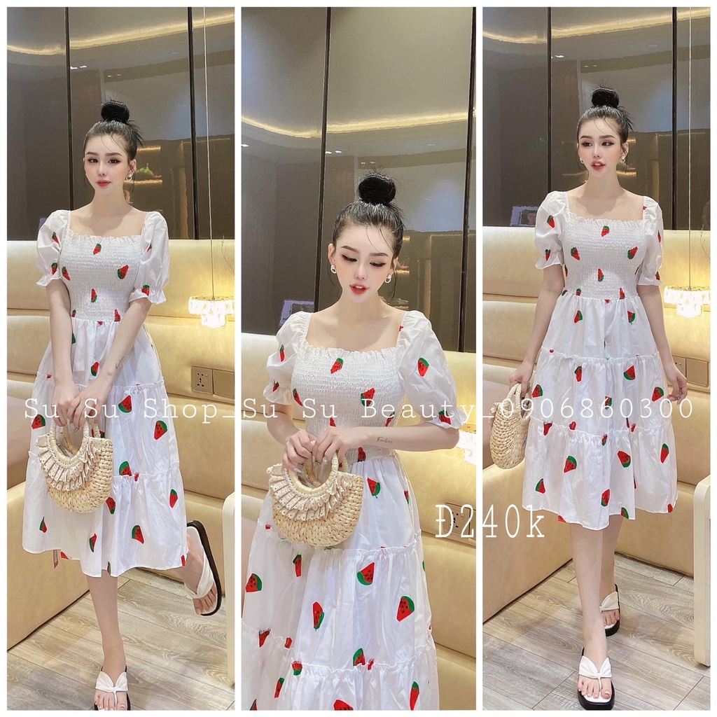 [10.10 Sales Freeship] Đầm trắng maxi nhún ngực in trái cây dễ thương, đầm trắng mặc 2 kiểu đi biển, đi chơi siêu xinh