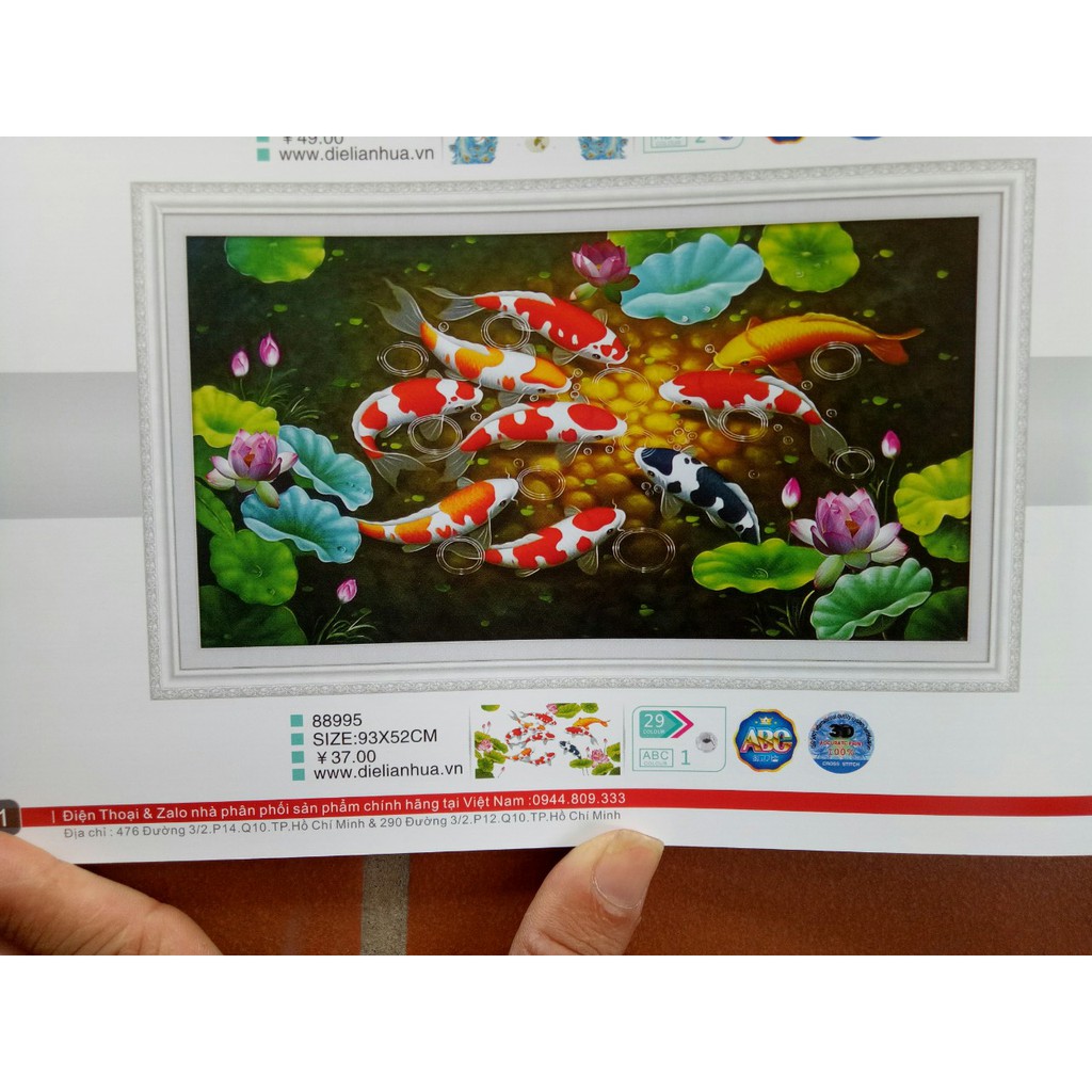 tranh thêu chữ thập cá chép hoa sen kt 93x52cm