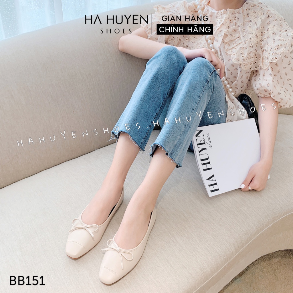 Giày bệt nữ Hà Huyền Shoes da lì mũi tròn đính nơ dây xinh xắn - BB151