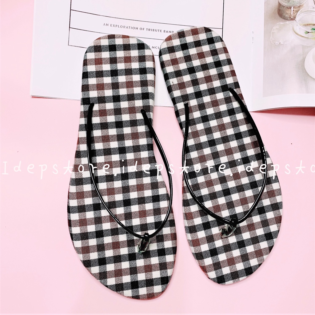 Dép kẹp nữ họa tiết kẻ caro quai mảnh đi biển mùa hè - Dép cọng chỉ Maipy DL104