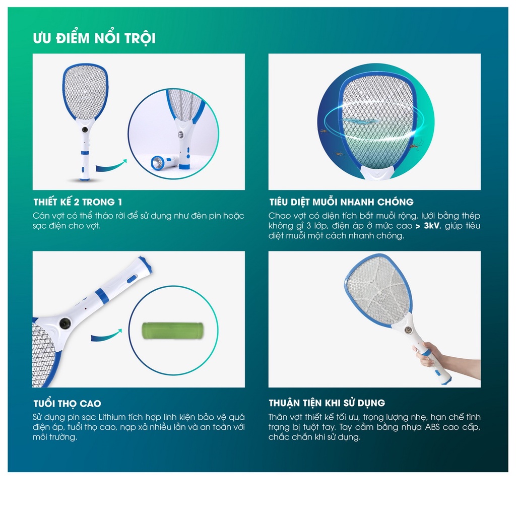 Vợt bắt muỗi Rạng Đông Chính hãng cỡ lớn, công suất 3.5W bắt muỗi hiệu quả, lưới bảo vệ an toàn