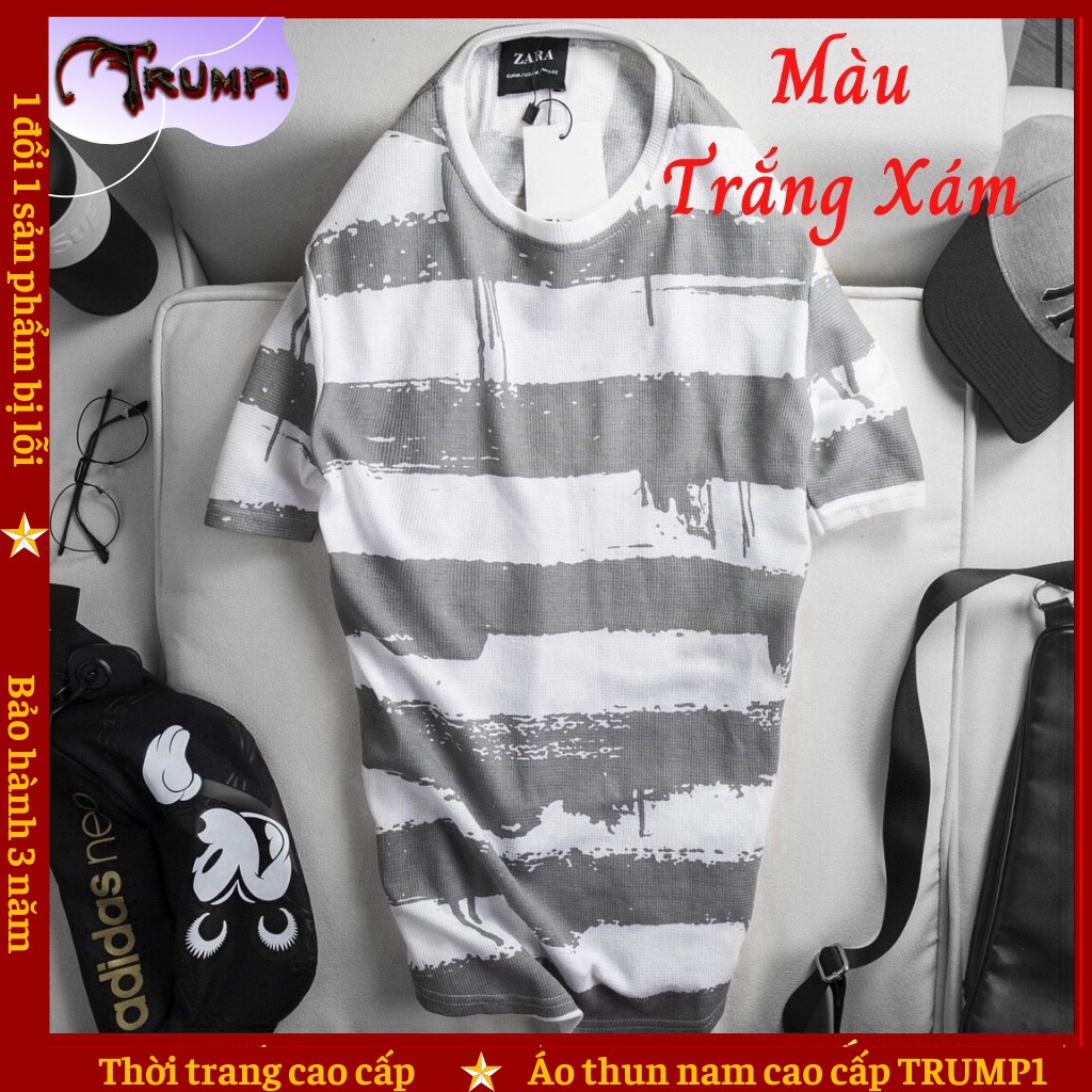 Áo Thun Nam Cổ Tròn 💓FREESHIP💓 Tay Ngắn Phối Sọc Ngang siêu đẹp, đẳng cấp,láng mịn number 1 TRUMP1