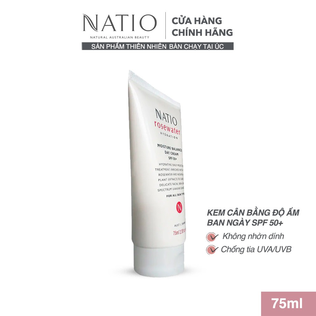 Kem Cân Bằng Độ Ẩm Da Ban Ngày Natio Rosewater Hydration Moisture Balance Day Cream SPF 50+ 75ml