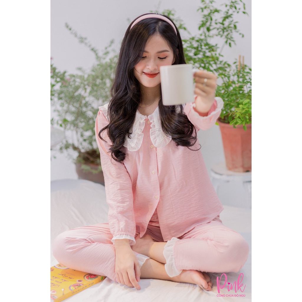 Bộ Ngủ Pijama Hồng Tay Dài Quần Dài Trẻ Trung Vải Đũi Siêu Cấp  Đồ Ngủ Nữ Dễ Thương Nữ Tính Thời Trang