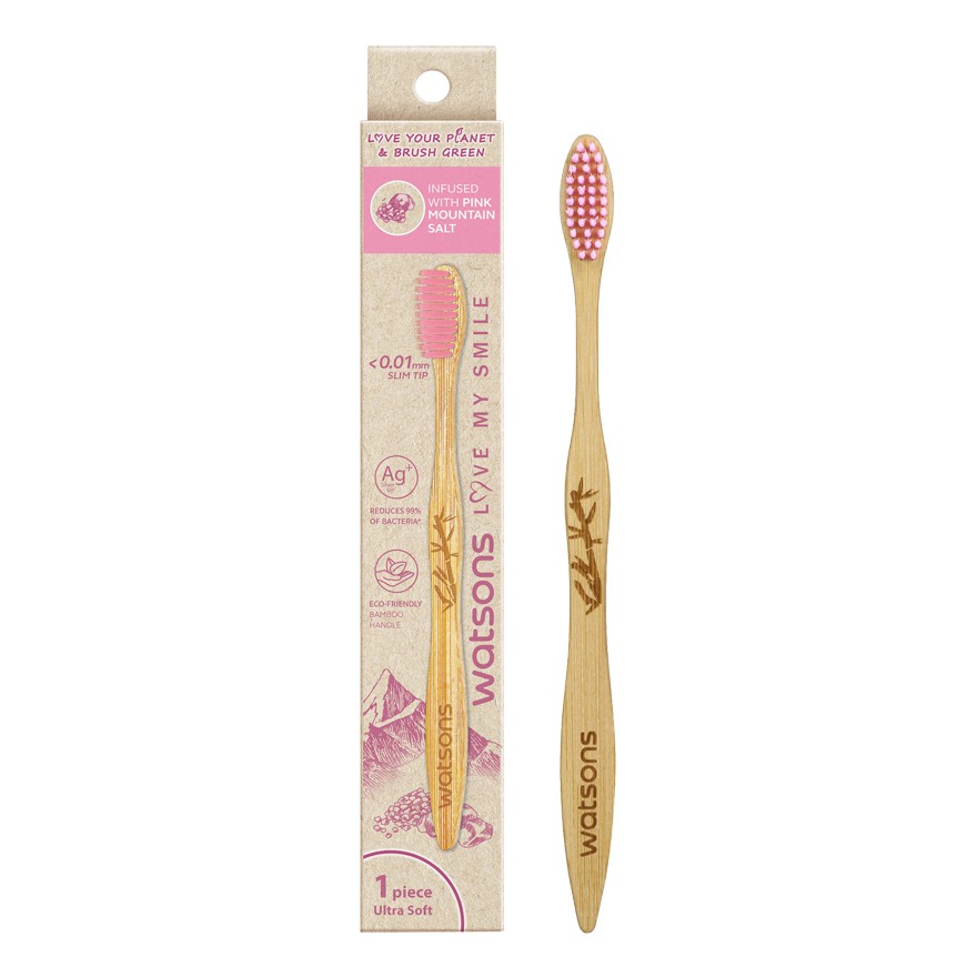 Bàn Chải Watsons Love My Smile Pink Salt Bamboo Toothbrush Ultra Soft Thân Thiện Môi Trường 1 Cây