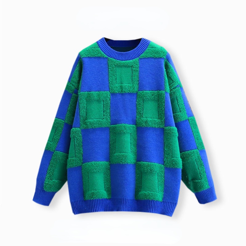 Áo Sweater Cổ Thuyền Dáng Rộng Họa Tiết Sọc Caro Cho Nữ