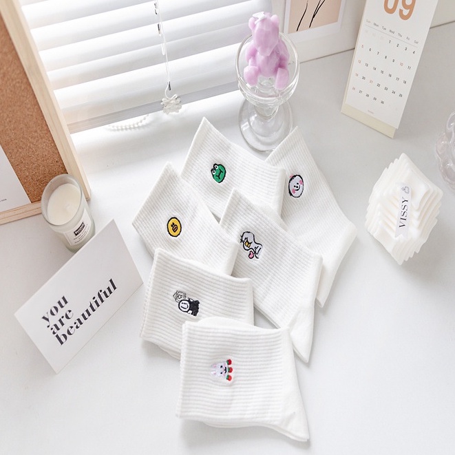 Vớ tất trắng thêu icon ếch vịt thỏ vô diệm