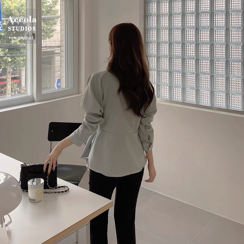 Áo sơ mi MORAN dài tay cổ V thiết kế xếp ly chéo tà style độc lạ Hàn Quốc