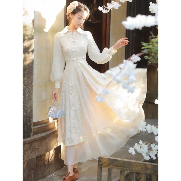 Sẵn🖤Đầm công chúa ren tay phồng phong cách cổ điển Trung Hoa/ Áo dài cách tân tiểu thư voan 2 tầng lớp dáng xoè nàng thơ