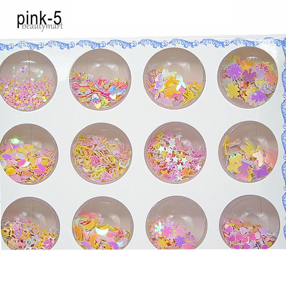 Bộ 12 hộp kim tuyến 12 mẫu trang trí móng tay