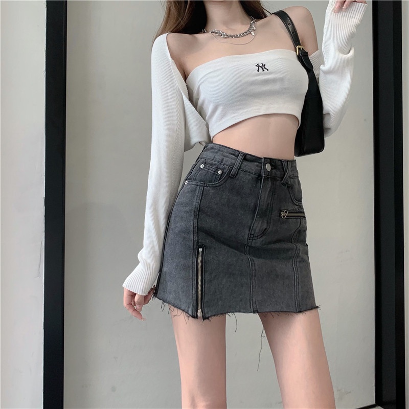 Chân Váy Denim Chữ A Lưng Cao Có Khóa Kéo Thời Trang Mùa Hè Phong Cách Trung Hoa