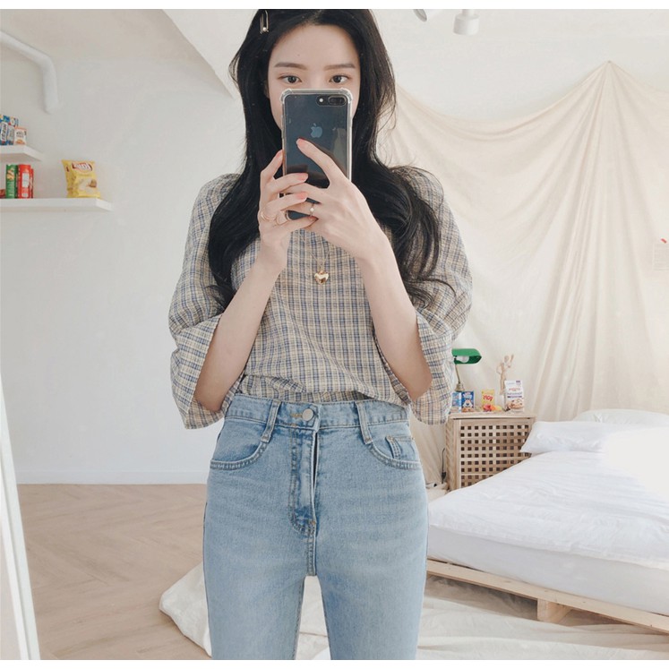 SUXI Áo kiểu tay lỡ hở lưng họa tiết sọc ca rô phong cách Hàn Quốc thời trang dành cho nữ