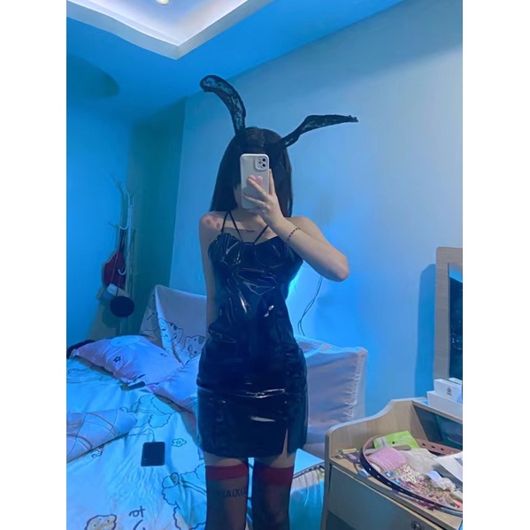 [order】 váy da PU bóng váy nữ váy ngắn mới bó sát hông váy đen ảnh thật