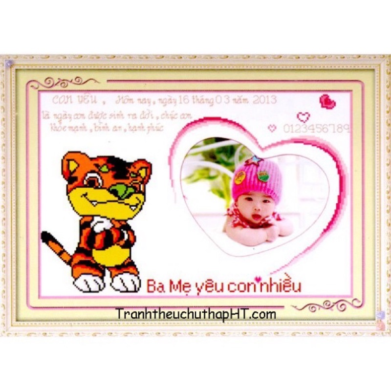 Tranh thêu 12 con giáp gắn hình bé - Dần ( hổ, cọp) kt 50x38cm