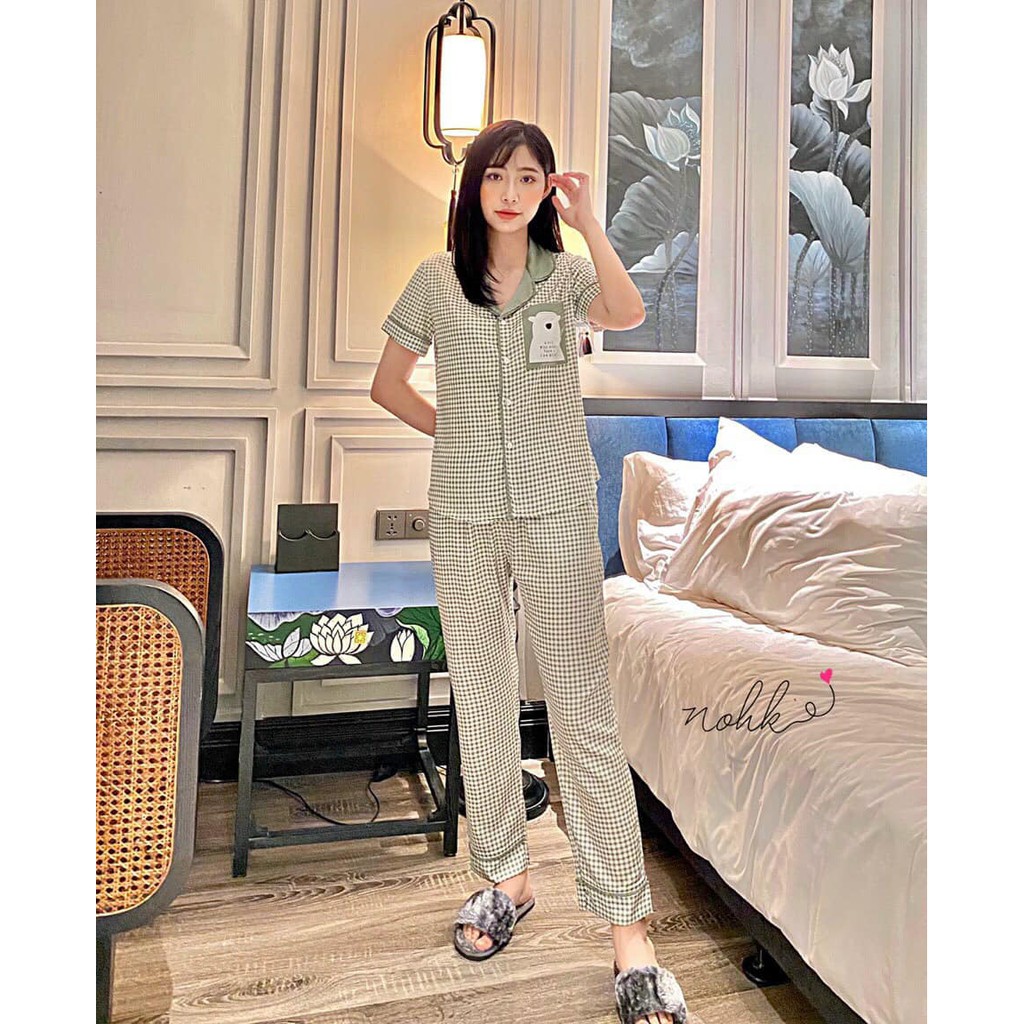 Bộ Pijama lụa giấy NOHK cao cấp mặc nhà cộc tay quần dài kẻ caro