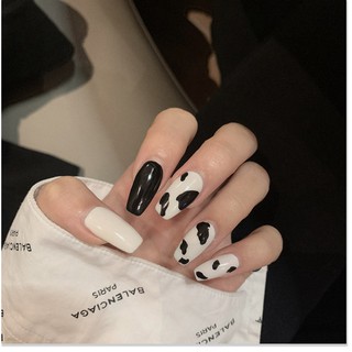 Bộ 24 Móng Móng Tay Giả Họa Tiết Đóm Đen Như Bò Sữa, Thanh Lịch, Trẻ Trung