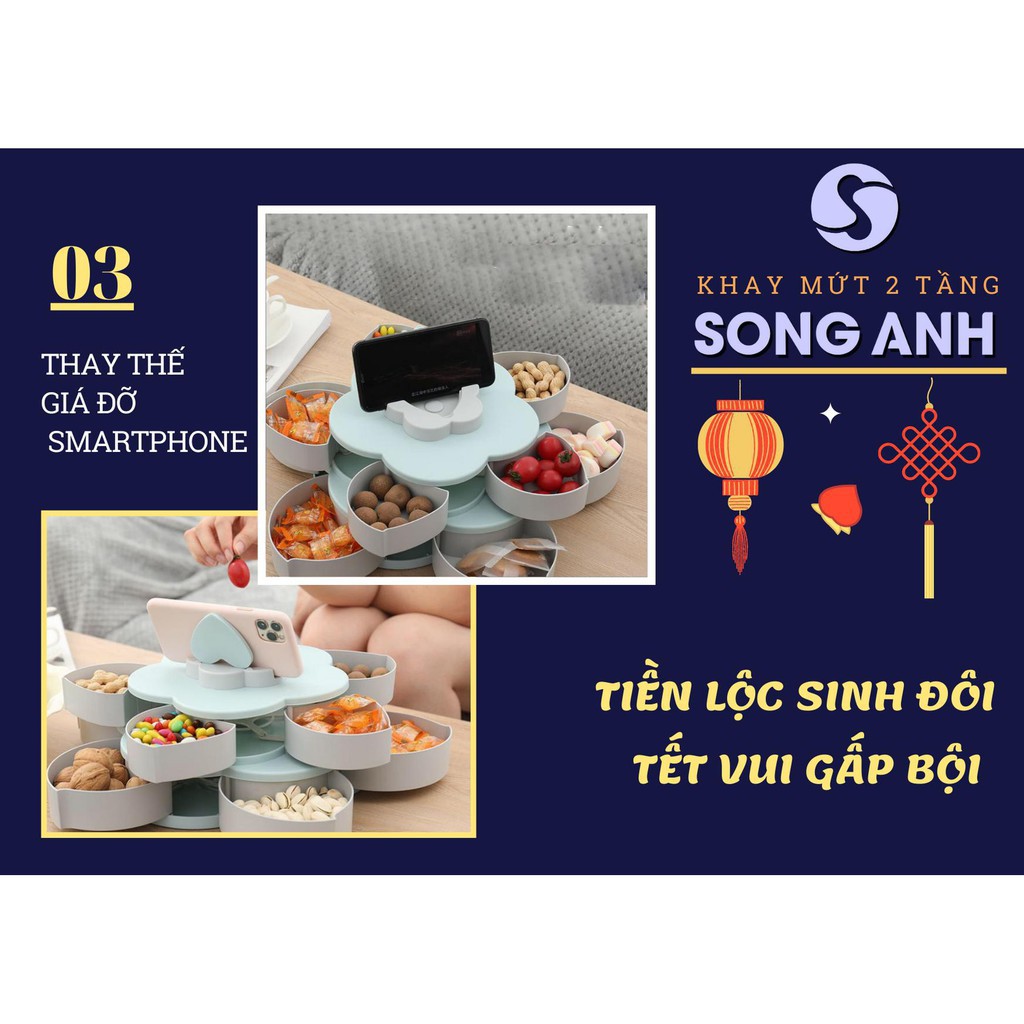 Khay Mứt Xoay, Hộp Đựng Mứt Tết Bánh Kẹo Mẫu Mới 2021 Song Anh 2 Tầng 10 Canh Hoa Có Rãnh Để Điện Thoại Màu Xanh