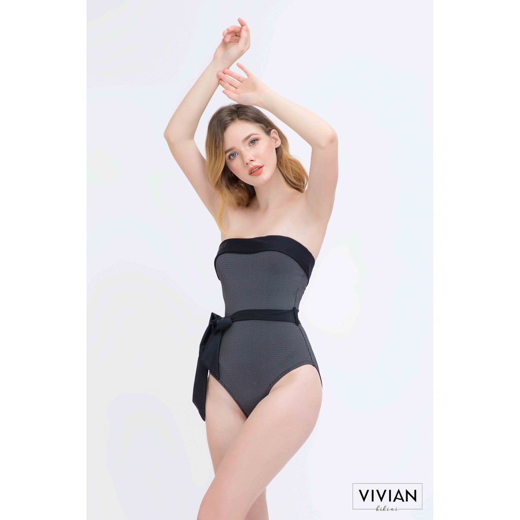 Đồ bơi Nữ VIVIAN kiểu Một mảnh áo ngang phối viền &amp; nơ lớn- màu Khác - VS077_X