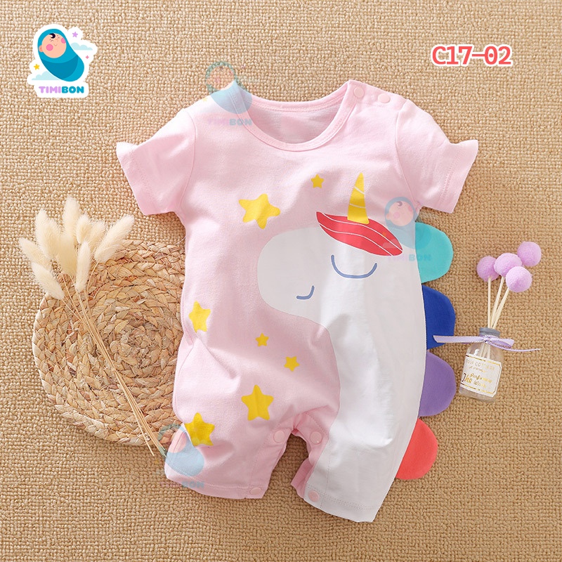 Quần Áo Trẻ Em Sơ Sinh Bộ Đồ Liền Thân Cộc Tay Chất Cotton Bodysuit Hình Thú Mèo Hồng Cho Bé Trai Bé Gái [BDC17]