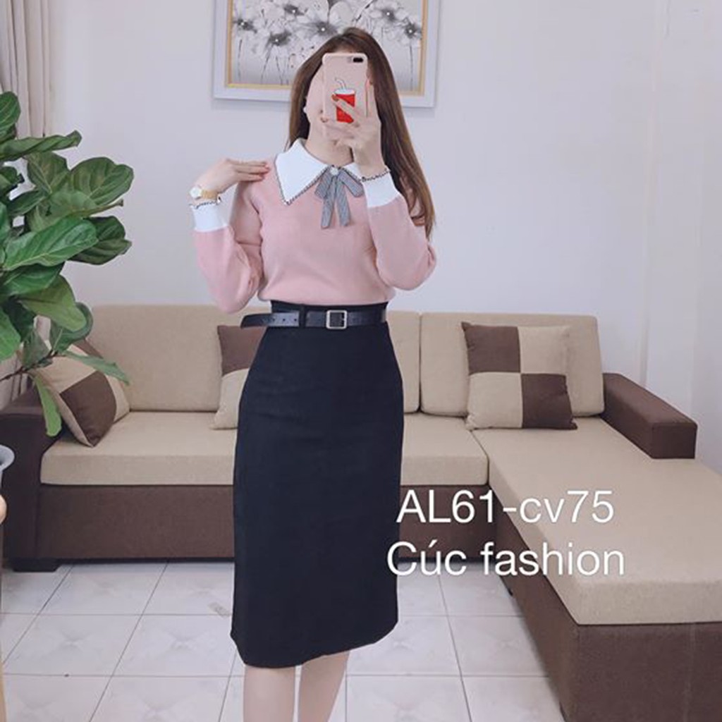 Áo len nữ cổ nơ cao cấp xinh Cúc Fashion L32 áo len cổ nhọn viền đen