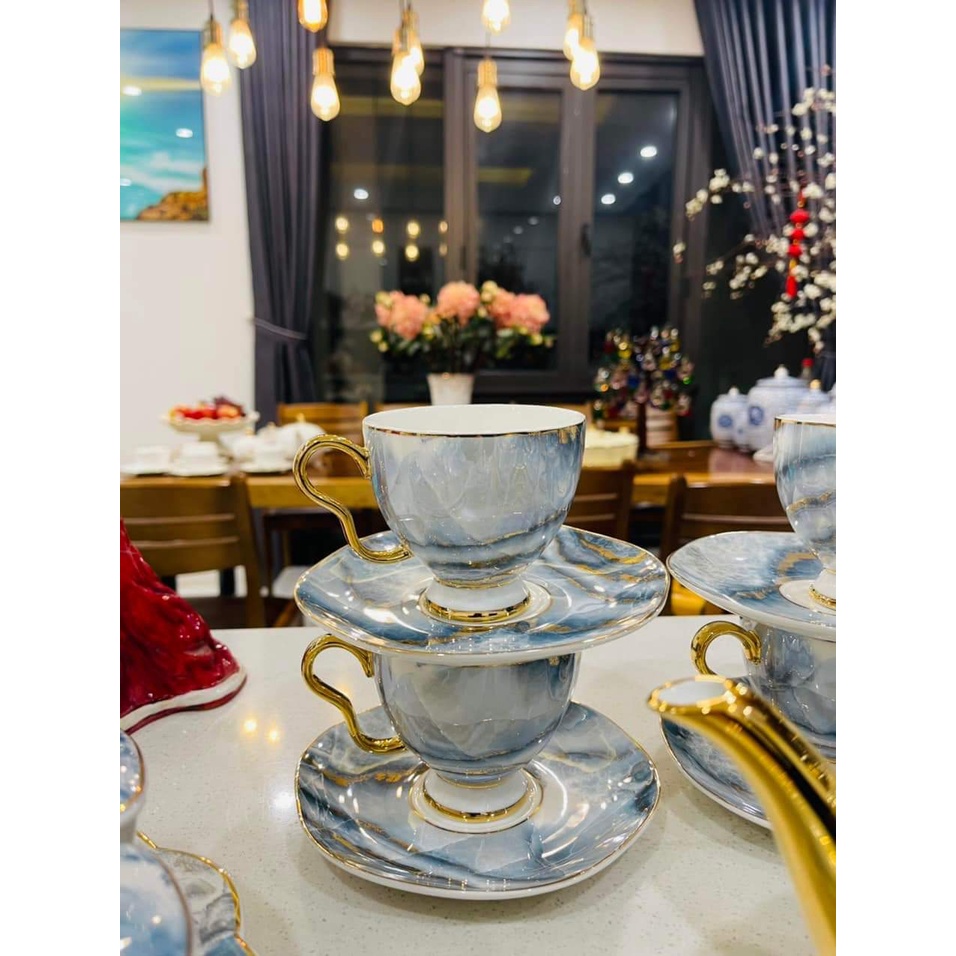 Bộ bình trà, cà phê sứ xương màu xanh vân đá kèm bình đường rót sữa viền vàng cao cấp