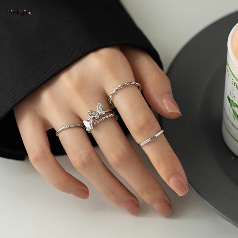 Bộ 4 Nhẫn Hình Bướm Màu Bạc Phong Cách Bohemian Đơn Giản Dành Cho Nữ