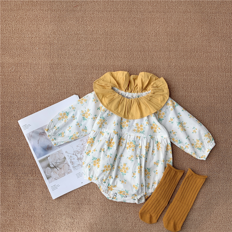 Set Áo Liền Quần Dài Tay Họa Tiết In Hoa + Mũ Đội Đầu Cho Bé Gái